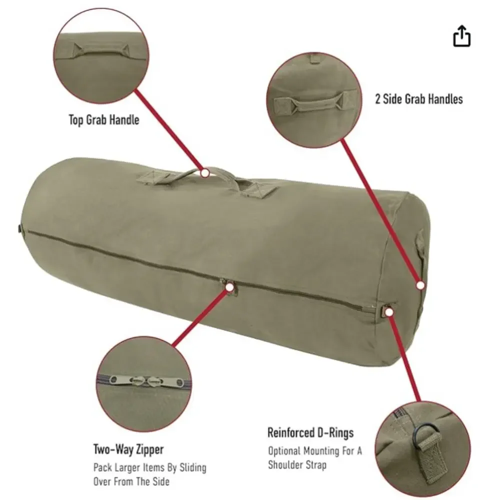 Heavyweight Cotton Canvas Duffle Bag with Side Zipper, Carryall- Standard Size